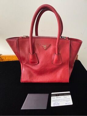 Authentic Prada glacé calf leather twin pocket double handle Crossbody Bag